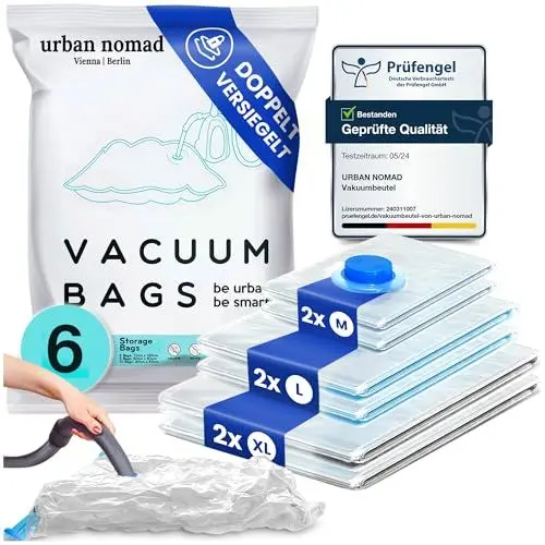 Produktbild: Vakuumbeutel Kleidung 6er Set 3 Größen - Vakuum Beutel für Staubsauger Wiederverwendbar 100% Dicht & Robust | Reise Kompressionsbeutel Kleiderbeutel Aufbewahrungsbeutel Vakuumtüten Kleidersack XL