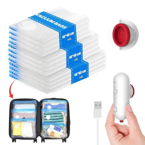 Produktbild: Vakuumbeutel für Kleidung mit USB Elektropumpe, 12 Stück Kleidersack (4x 40 * 40cm / 4x 40 * 50cm / 4x 40 * 60cm) Wiederverwendbar Vakuumierbeutel reise, Kleiderbeutel Rucksack, Travel Essentials