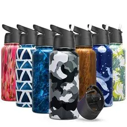 Produktbild: Vakuum-isolierte Sport-Wasserflasche - THILY 945 ml Edelstahl-Weithalsflasche mit Flip & Strohhalm-Deckel, wiederverwendbar, BPA-frei, für Fitnessstudio, Reisen, Wandern, Tarnung