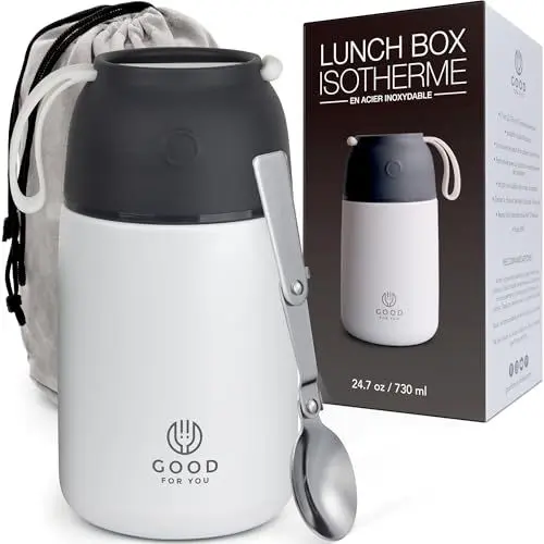 Produktbild: Vakuumisolierter Thermobehälter für Speisen, aus Edelstahl, Lebensmittelthermoskanne, Suppenschüssel, Lunchbehälter, weiße Pulverbeschichtung, 730 ml