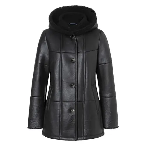 Produktbild: Valcuer 1887 Damen Lammfelljacke VIVI aus echtem Leder, Lammfell, Fell, warme Winterjacke mit Kapuze - bequem, warm und hochwertig in Schwarz, in Gr. 40