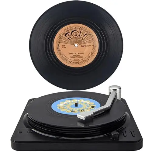 Produktbild: Valdivia Retro-Vinyl-Schallplatten Untersetzer mit Spieler, 6 Stück Untersetzer Gläser für Getränke, Bars, Cafés, Haus, Party, Büro, Coole Wohnkultur und Lustige Männer Geschenke