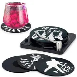 Produktbild: Valdivia Retro Vinyl Schallplatte Untersetzer mit Basis und Legendäre Etiketten, Untersetzer Gläser Getränk Untersetzer 6er Set mit Geschenk Box, für Bars, Cafés, Haus, Party, Büro
