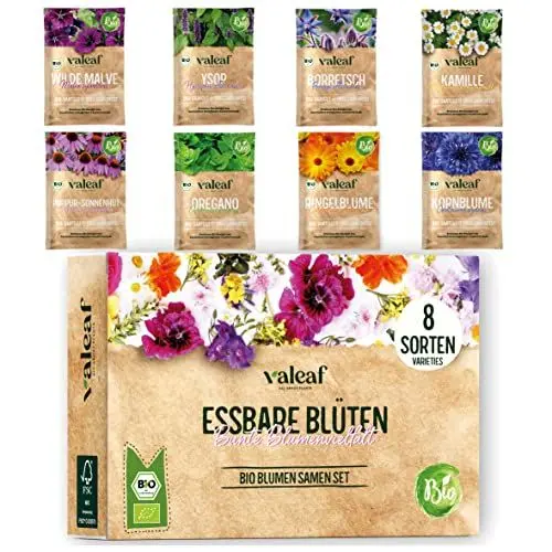 Produktbild: valeaf BIO Essbare Blüten Samen Set I 8 essbare Blumen im Blumen Samen Set I BIO Samen Blumen I Wildblumen Samen I Saatgut Blumen I Blumensaat I Blumen Samen Balkon I ideales Blumensamen Geschenk