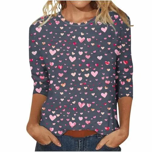 Produktbild: Valentines Day Shirts for Women Love Heart Print 3/4 Sleeve Tops Cotton Crewneck Pullover Blouse Gifts Tunic Tshirt Rollkragen Top Damen (Grey, XL)