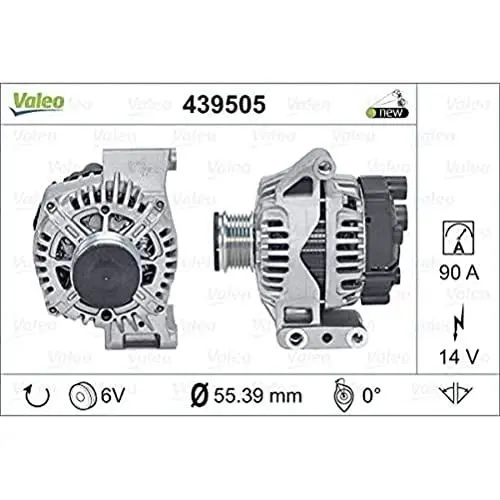 Produktbild: VALEO 439505 Generator Ladestrom des Generators: 90 Amp Rippen: 6 rippen Riemenscheibe Ø: 55 mm Spannung: 14 V Drehrichtung: CLOCKWISE
