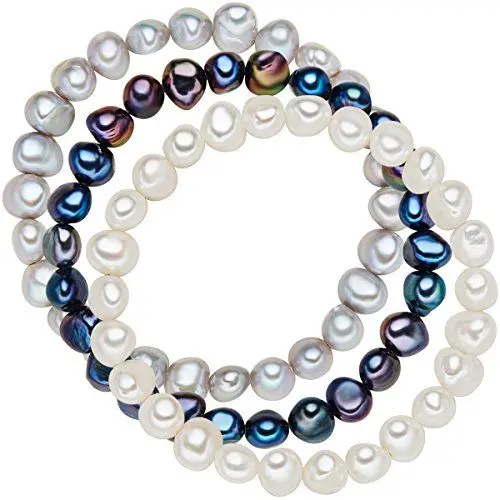 Produktbild: Valero Pearls Damen-Armband 3er Set Süßwasser-Zuchtperle weiß silber dunkelblau 19 cm - Perlenarmbänder mit echten Perlen