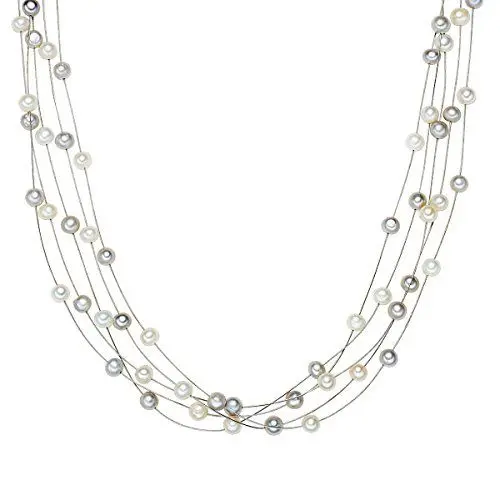 Produktbild: Valero Pearls Damen-Kette Hochwertige Süßwasser-Zuchtperlen ca. 6 mm Oval weiß/grau 925 Sterling Silber - Perlenkette mit echten Perlen mehrreihig