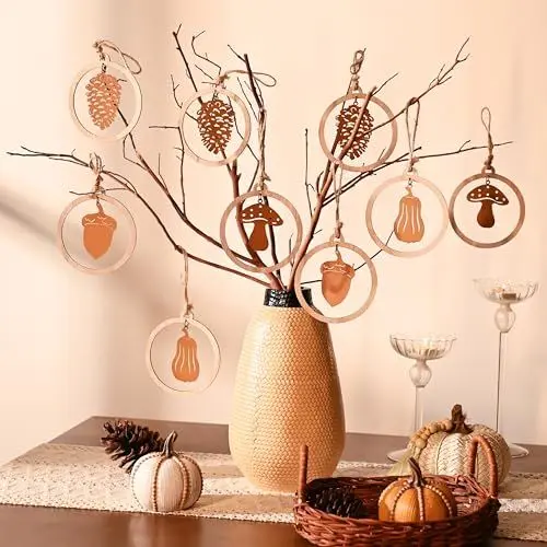 Produktbild: VALERY MADELYN 16er Herbstdeko Holz Metall zum Aufhängen,Fensterdeko Hängend mit Kürbis Pilze für Hängedeko Baumdeko Innen Draußen,Holzanhänger mit Schnur,Beidseitig Rostig,Geschenk,10cm