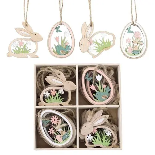Produktbild: Valery Madelyn 24 Stück 5cm Ostern Deko, Holzdeko zum Aufhängen, Osterschmuck aus Holz, Hase und Vogel Dekohänger für Ostern