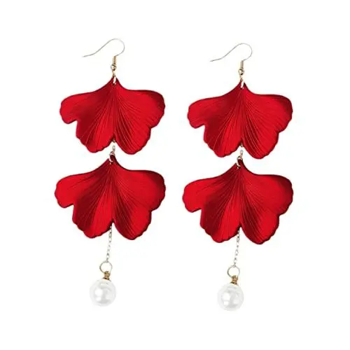 Produktbild: VALICLUD 1 Paar Ginkgo-Perlen-Ohrringe fasching ohrringe kolczyki damskie Party-Ohrringe Perlenohrring Perlen-Statement-Ohrringe Ginkgoblatt-Ohrentropfen Festival-Ohrschmuck 925 Silber rot