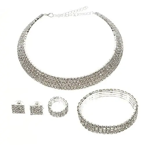 Produktbild: VALICLUD 1 Set Party Strass Halskette Ohrringe Ring Armband Set Vierteiliges Schmuckset Damen Ohrringe Hochzeit Braut Schmuck Ohrringe Für Frauen Strass Halskette Legierung