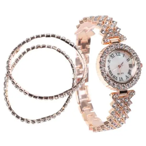 Produktbild: VALICLUD 2St Quarz-Armband Silberne Uhren Damen automatisch Armbanduhr Frauen schauen zu Ultra bescherung Weihnachten weinachts uhrn Quarzuhr Strass Uhr Rostfreier Stahl Golden