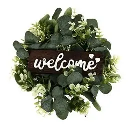 Produktbild: VALICLUD 30CM Künstliche Eukalyptus Kranz Willkommen Türschild Türkranz Vintage Rustikales Holzschild für Zuhause Büro Hochzeit Ostern Party Wanddeko Haustür Dekoration Frühlingsdeko Grün