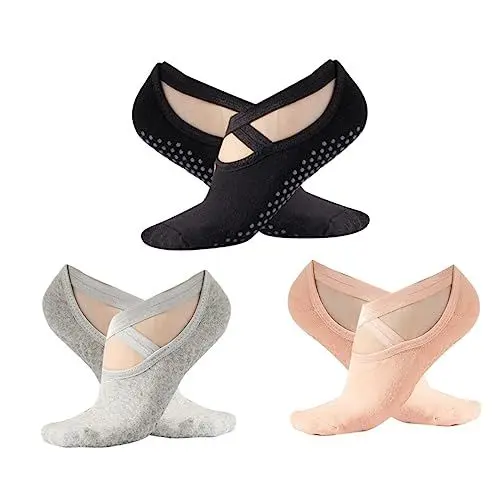 Produktbild: VALICLUD 3 Paare Yogasocken Für Frauen Anti-rutsch-Pilates Frauen Tanzen Socken Damen Sportsocken Yoga-socken Mit Kreuzriemen Barre-tanzsocken Boden Socken Verdicken Fräulein