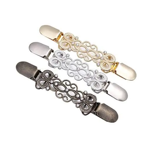 Produktbild: VALICLUD 3 STÜCK Frauen Pullover Clips Kreative Legierung Diamant Strickjacke Verbindung Schnallen Kragen Clips (Goldene, alte Silber und Antike Bronze)