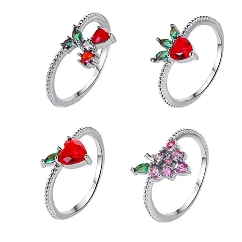 Produktbild: VALICLUD 4 Stück Fruchtring Frucht-erdbeer-ringe Schmuck Ringe Stapelbarer Frauenring Schmuckringe Niedlicher Fingerring Mit Früchten Edelsteinringe Frauen-früchte-band-ring Bandring Strass