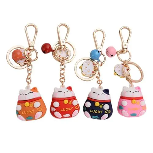 Produktbild: VALICLUD 4 Stücke Glückskatze schlüsselanhänger Winkekatze Schlüsselbund Maneki Neko Katze Glücksbringer Anhänger mit Schlüsselring Schlüsselhalter Glöckchen Schlüsselkette Geschenk