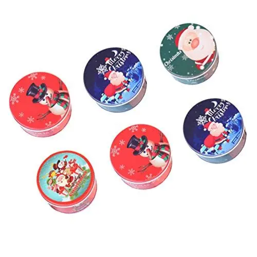 Produktbild: VALICLUD 6 Stücke Keksdose Plätzchendose Runde Weihnachtsdose Metalldosen Eisendose Geschenkdose blechdosen mit Deckel für Kekse Süßigkeit Xmas Party Mitgebsel 7,5x7,5x4,5 cm Zufällig