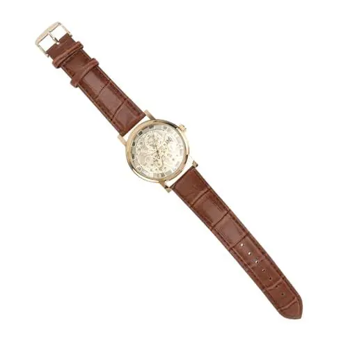 Produktbild: VALICLUD Herren Skelett Armbanduhr Mit Rundem Automatische Mechanische Uhr Gehäuse Und Pu Armband Gold Braun Farbe