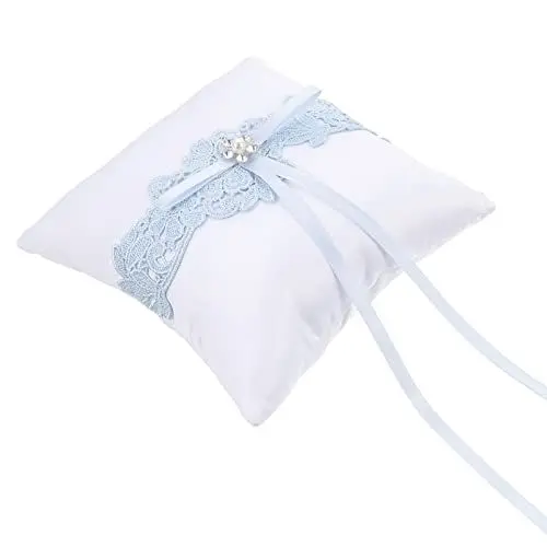 Produktbild: VALICLUD Hochzeit Ring Kissen Bowknot Ring Kissen Zarte Spitze Perle Hochzeit Ring Kissen Hochzeitsparty Bowknot Ring Halter für Hochzeit Engagement Feier Party Himmel Blau