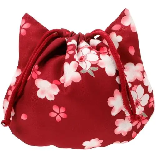 Produktbild: VALICLUD Japanische Kimono- Mit Kordelzug Blüten-Katzen-Geldbörse Floral Bestickt Schmucktasche Kleine Make-Up-Reisetasche Tragetasche