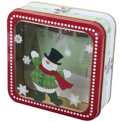 Produktbild: Operitacx Quadratische Weißblech-weihnachtssüßigkeitenbox Roter Schal Schneemann Entzückende Süßigkeiten-aufbewahrungsbox