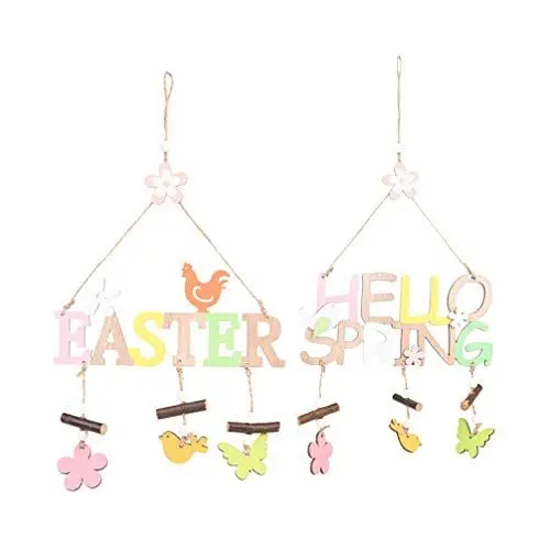 Produktbild: VALICLUD Ostern Schriftzug Holz Windspiel Osterdeko Hello Spring Easter Vogel Huhne bunt Blumen Schmetterling Holzschrift Wohnzimmer Kinderzimmer Frühlingsdeko Fensterdeko