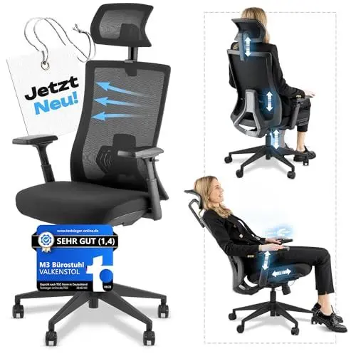 Produktbild: VALKENSTOL M3 Pro Bürostuhl Ergonomisch Testsieger 3D verstellbare Armlehnen | Schreibtischstuhl mit Lendenwirbelstütze Rückenschonend | PC Stuhl mit Verstellbarer Sitztiefe für gesundes Sitzen