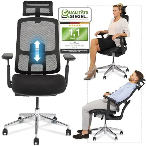 Produktbild: VALKENSTOL M6 Bürostuhl Ergonomisch Testsieger | Grosse Menschen Schreibtischstuhl | Polster-Sitz Office Chair mit Adaptive Lordosenstütze und Verstellbarer Rückenlehne für Gesundes Sitzen Chefsessel