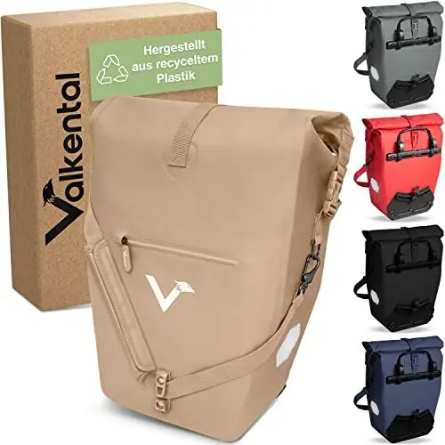 Produktbild: Valkental® Große & wasserdichte Gepäckträgertasche (28L) Abschließbare Befestigung (PVC frei) Fahrradtasche für Gepäckträger mit großen Reflektoren - Inkl. Tragegurt & Innenfächer - Geprüfte Qualität
