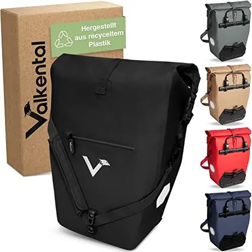 Produktbild: Valkental® Große & wasserdichte Gepäckträgertasche (28L) Abschließbare Befestigung (PVC frei) Fahrradtasche für Gepäckträger mit großen Reflektoren - Inkl. Tragegurt & Innenfächer - Geprüfte Qualität