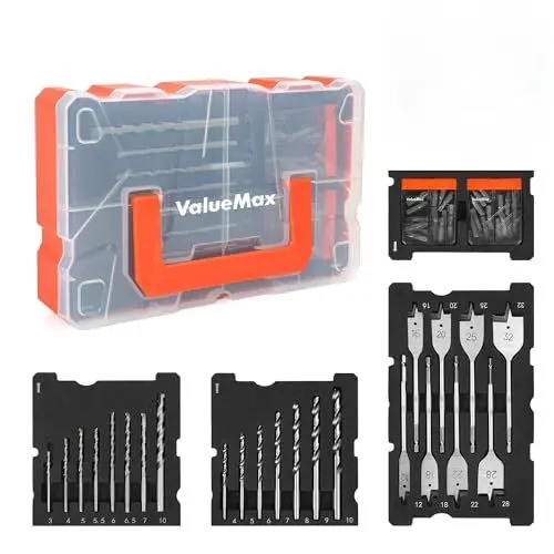 Produktbild: ValueMax Bohrer und Schrauber Set 55tlg., Bit Set, Elektrowerkzeug-Zubehörsets, für Bohrungen in Holz, Metall und Beton, mit Kunststoffkoffer