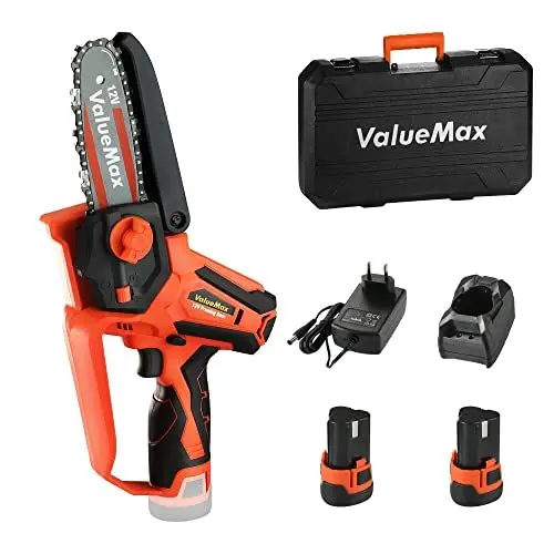 Produktbild: ValueMax Mini Akku Kettensäge 12V, 11CM/4 Zoll kleine Kettensäge mit 2 x 2,0 Ah Akku und Ladegerät inkl. Sicherheitsschloss Einhand Kettensäge Akku Handkettensäge für Bäume, Astwälder