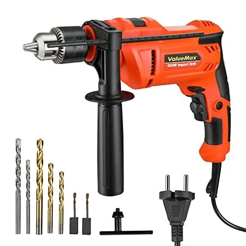 Produktbild: ValueMax Schlagbohrmaschine 650W, Bohrmaschine 3000RPM&48000BPM, 2 in 1 Bohrer und Hammer, Drehzahl-Vorwahl und -Verriegelung, mit Tiefenanschlag, mit 3 Spiralbohrer und 2 Betonbohrer