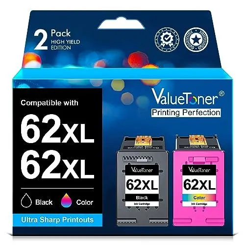 Produktbild: Valuetoner 62XL Druckerpatronen Kompatibel für HP 62 Druckerpatronen für OfficeJet 5740 5742 5744 200 250 für Envy 5540 5548 5640 5646 7640 5545 5544 (Schwarze Farbe, 2er-Pack)