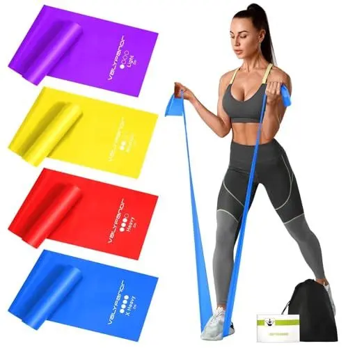 Produktbild: VALYPANOR Widerstandsbänder 4er Set 2 m Fitnessbänder mit 4 Widerstandsbänder für Yoga, Pilates, Crossfit, Muskelaufbau, Physiotherapie mit Tragetasche & Übungsanleitung