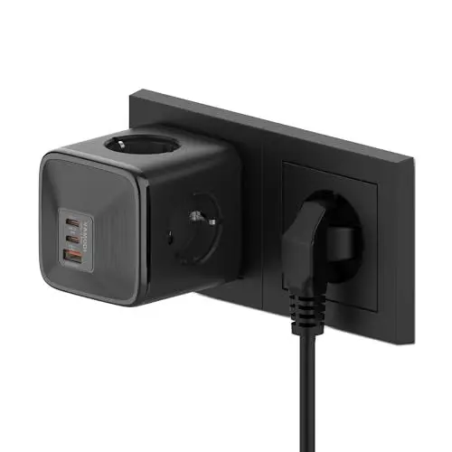 Produktbild: VAMODI Steckdosenleiste Würfel mit USB, 4 Fach Steckdosenadapter mit USB C, PD33W 2 USB C 1 Typ A Schnelles Ladegerät, 7 in 1 Steckdosenwürfel mit Kindersicherung für Büro Hause Reisen, Schwarz