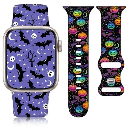 Produktbild: Vamyzji 2 Halloween Kompatibel mit Apple Watch Armband 46mm 49mm 45mm 44mm 42mm(Series 3 2 1),Halloween Weiches Silikon für iWatch,Series 10 9 8 7 6 5 4 3 2 1 SE Ultra 2 1, Halloween Damen/Herren
