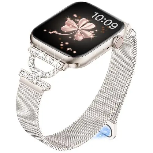 Produktbild: Vamyzji Kompatibel mit Apple Watch Armband 42mm(Series 10) 41mm 40mm 38mm,Schmal D-Style Mode Bling Magnetische für Apple Watch Series 10 9 8 7 6 5 4 3 2 1 SE, Metall iWatch Armband für Frauen Damen