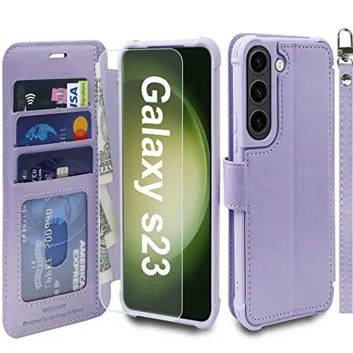 Produktbild: VANAVAGY Handyhülle für Samaung Galaxy S23 5G,Premium Leder Stoßfeste Klapphülle Mit Kabelloses Laden und RFID Blocking für Galaxy S23 5G(6.1 Zoll),Nelke Violett