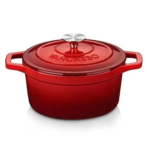 Produktbild: vancasso Gusseisen Topf Brot Backen für 2-4 Personen, Bräter Ø 22cm Emaille Schmortopf, Brotbackform mit Deckel, Kasserolle, Brotbacktopf,Braten/Eintopfen/Kochen, Rund, Rot, 3L