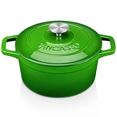Produktbild: vancasso Gusseisen Topf Brot Backen für 2-4 Personen, Gusseisen Bräter Ø 22cm Emaille Schmortopf Gusseisen, Brotbackform mit Deckel, Kasserolle, Braten/Eintopfen/Kochen, Rund, Grün, 3L