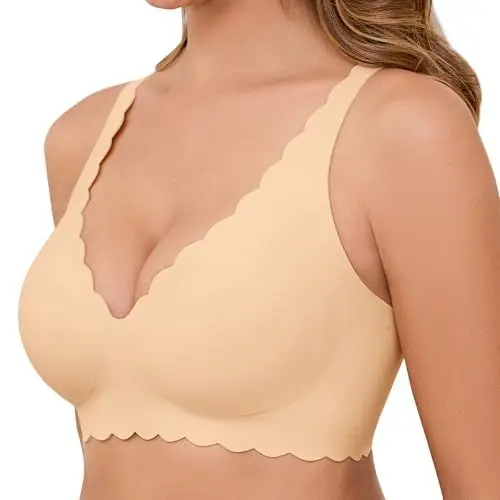 Produktbild: Vancavoo BH Damen Ohne Bügel Nahtloser Seamless V-Ausschnitt Bügelloser Push Up Bustier Soft T Shirt Schlaf Bra mit Zusätzlicher BH-Verlängerung,Dunkelbeige,L