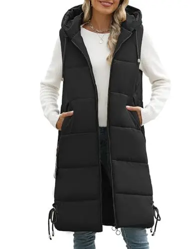 Produktbild: Vancavoo Lange Jacke Weste für Damen Ärmellose Steppweste mit kapuze Daunenweste Übergangsweste Winterjacke Longweste Leichte Warm Gesteppt Winterweste Mänte,Schwarz,S
