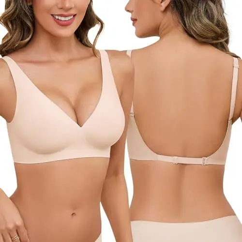 Produktbild: Vancavoo Rückenfreier BH Push Up Multiway BH für Rückenfreies Kleid Damen Bra Ohne Träger Unsichtbarer Bügel mit V-Ausschnit Bustier Unterwäsche,Beige,M