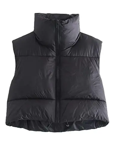 Produktbild: Vanchenl Damen Casual Cropped Puffer Weste Leichtgewicht Stand Kragen Reißverschluss Ärmellos Weste Mantel Coat Schwarz M
