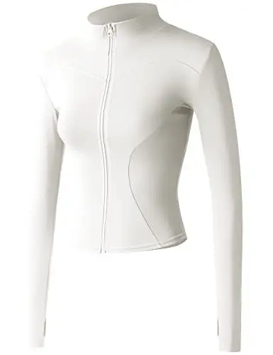 Produktbild: Vanchenl Damen Slim Fit Athletische Full Zip Stretch Leichte Workout Laufjacke mit Daumenlöchern Weiß XS