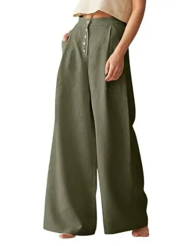 Produktbild: Vanchenl Damen Sommer Casual Baumwolle Leinen Palazzo Elastische Hohe Taille Knopf Weites Bein Hosen Trousers Armeegrün L