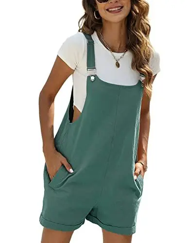 Produktbild: Vanchenl Damen Sommer Kurze Latzhose Lässig Verstellbare Träger Lätzchen Baumwolle Leinen Overalls mit Taschen (Dunkelgrün,S)